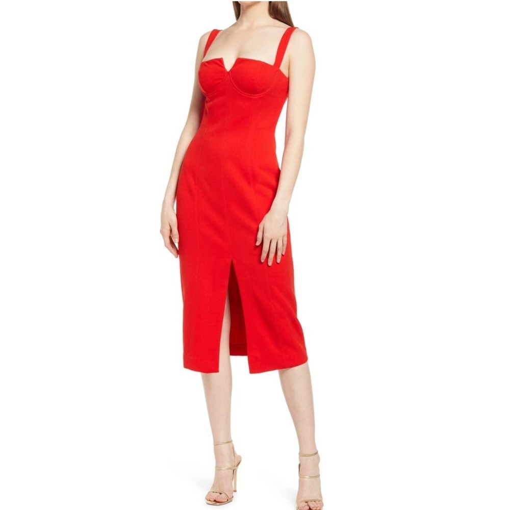 Misha Collection Red Midi Dress NWT Notch Neck Gertrude Bustier Cocktail Dress 4